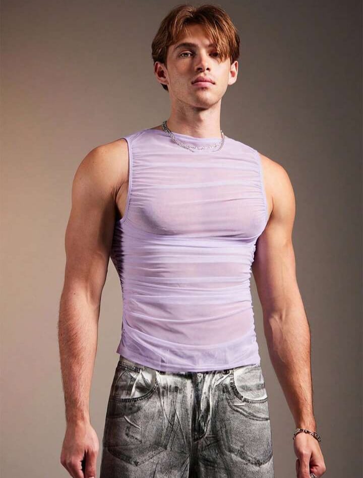 Men's mesh sheer ,ruched design,slim fit men's tank top
